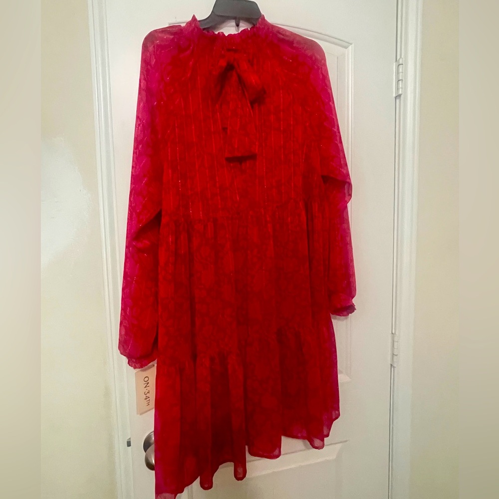 Red shimmery dress with roses print. Brand On 34th st XL size